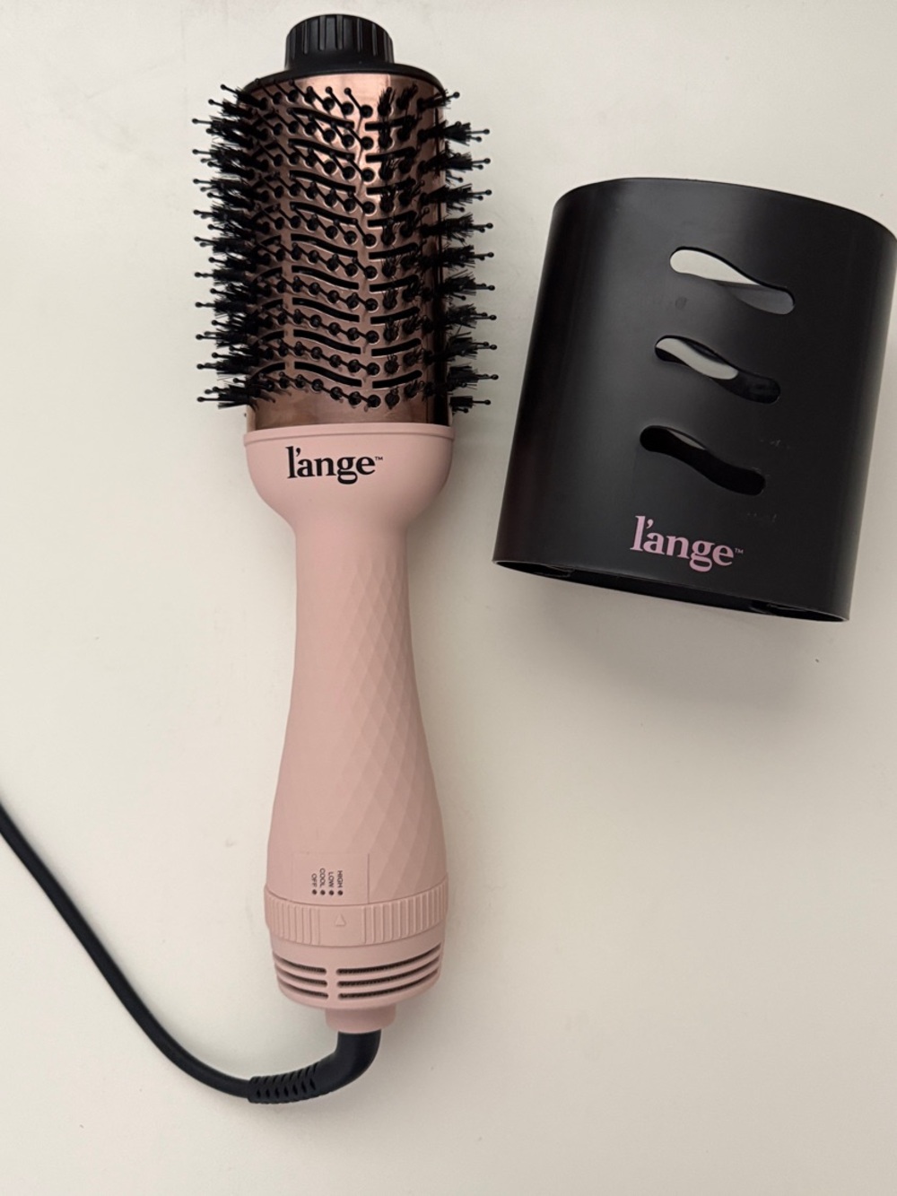 Lange Pink and Rose Gold Round Hot Air Styling Brush with Holder
